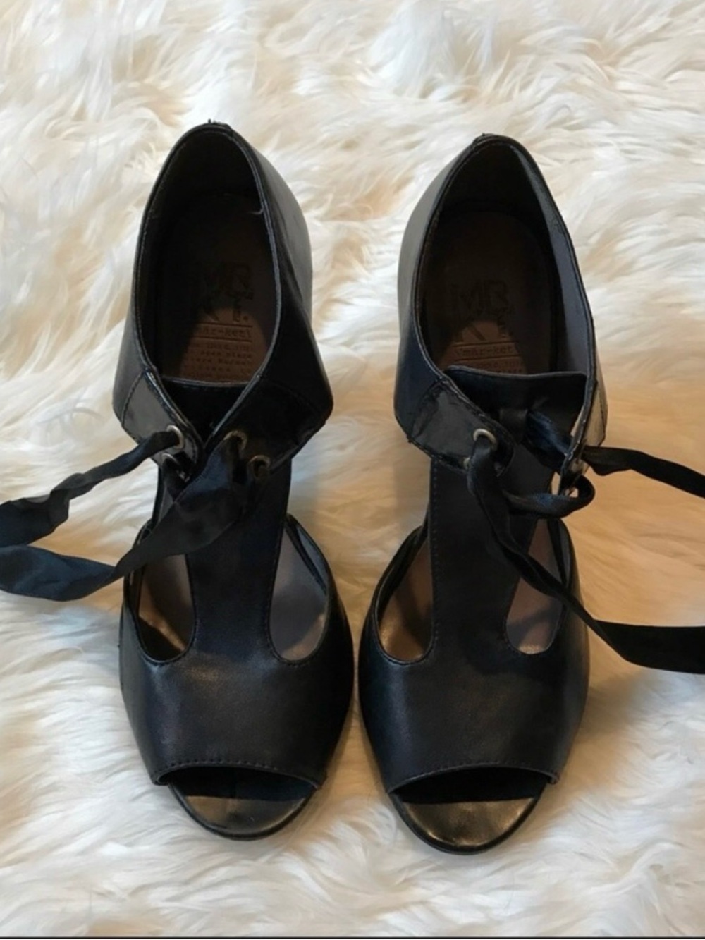 MRKT Black Ribbon-Tie Peep Toe High Heels - Picture 3 of 7